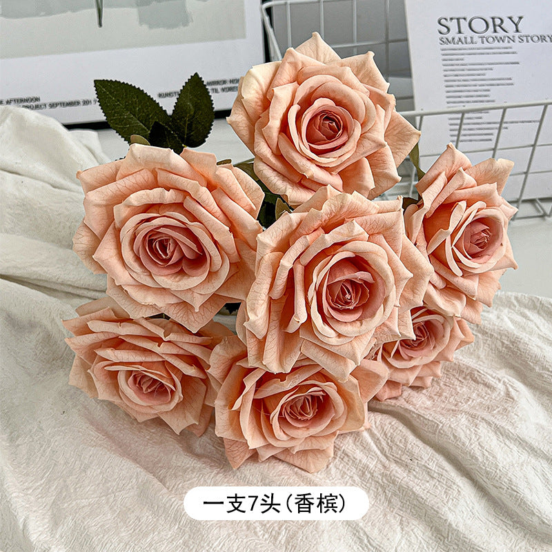 7-Head embossed cappuccino rose bouquet simulation flower, wedding car decoration fake dried flower bouquet high sense
