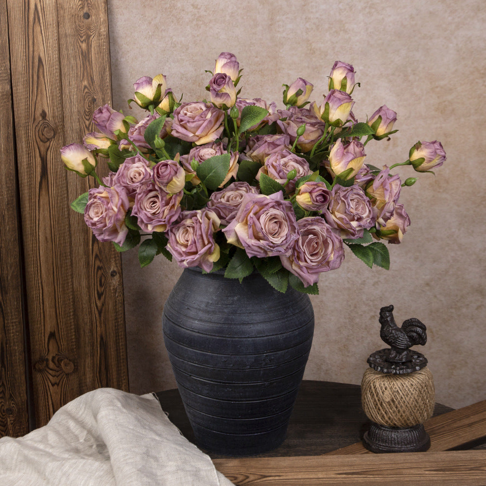 French simulation flower single branch 3 heads burnt edge rose retro, home living room decoration fake dried flower bouquet advanced sense