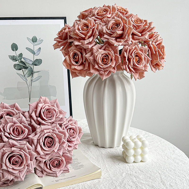 7-Head embossed cappuccino rose bouquet simulation flower, wedding car decoration fake dried flower bouquet high sense