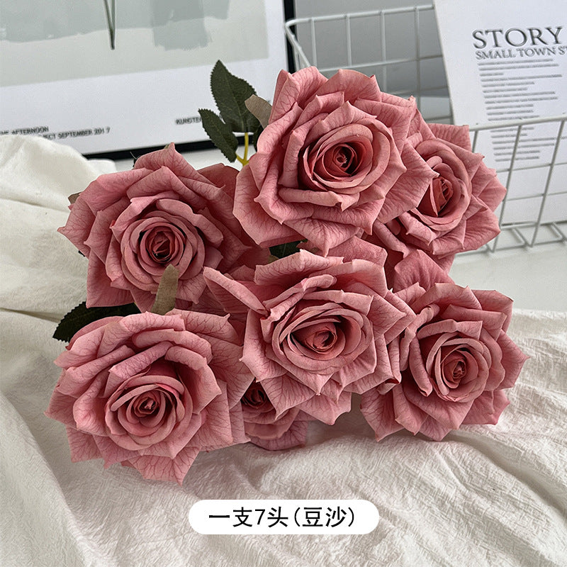 7-Head embossed cappuccino rose bouquet simulation flower, wedding car decoration fake dried flower bouquet high sense