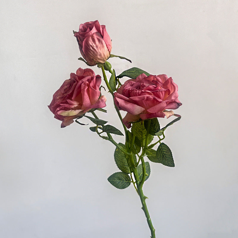 French simulation flower single branch 3 heads burnt edge rose retro, home living room decoration fake dried flower bouquet advanced sense