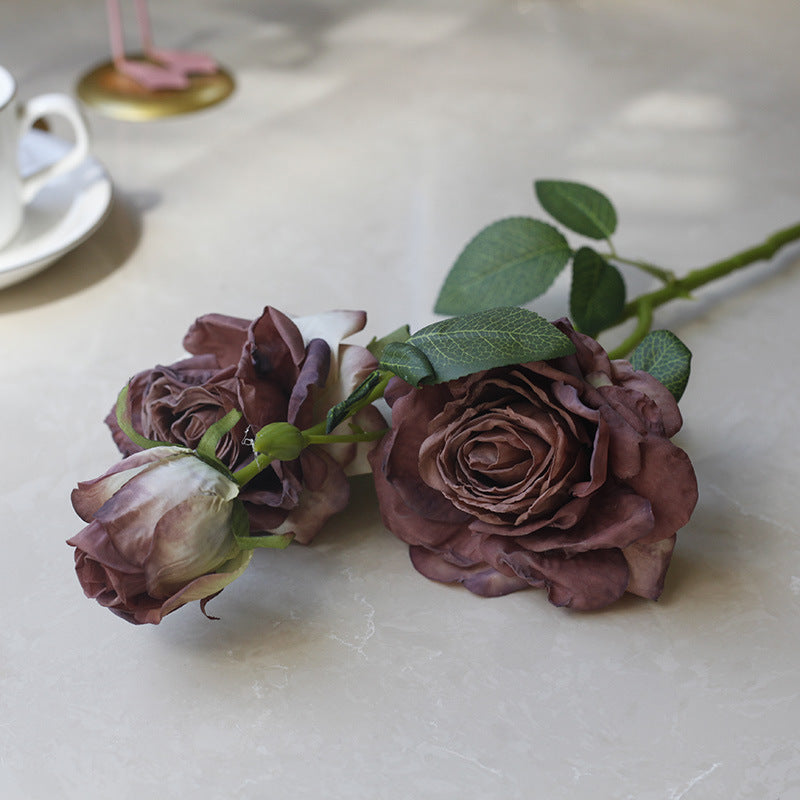 Simulation flower 5 heads burnt edge rose retro silk flower, home wedding decoration fake flower dried flower bouquet advanced layout