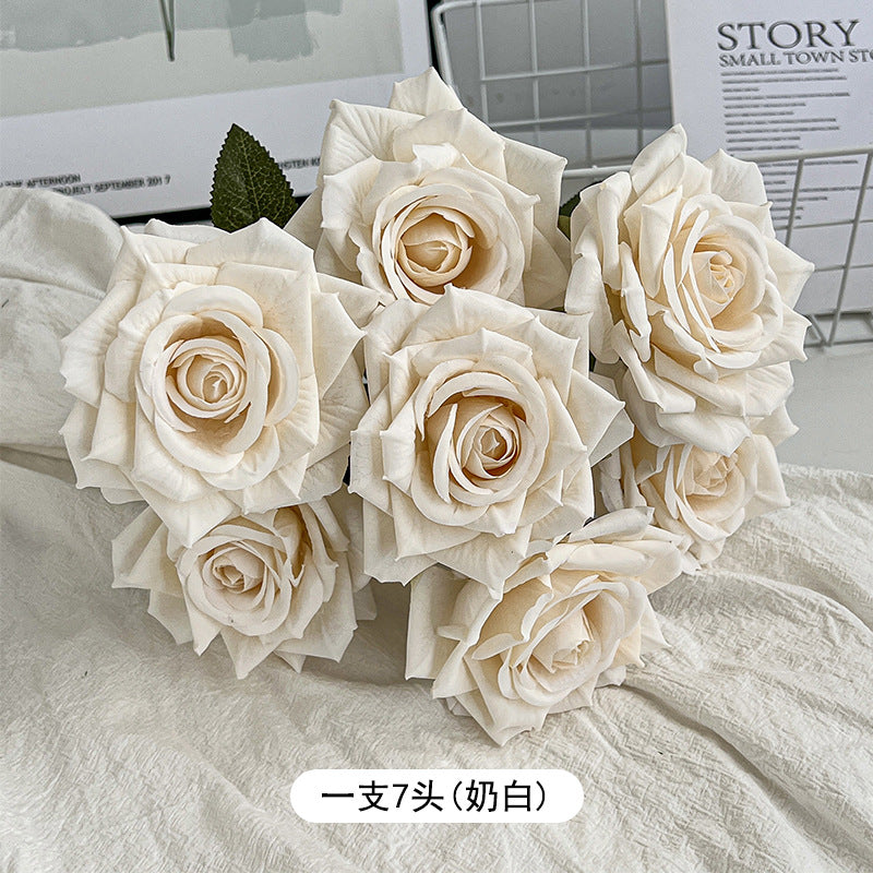 7-Head embossed cappuccino rose bouquet simulation flower, wedding car decoration fake dried flower bouquet high sense