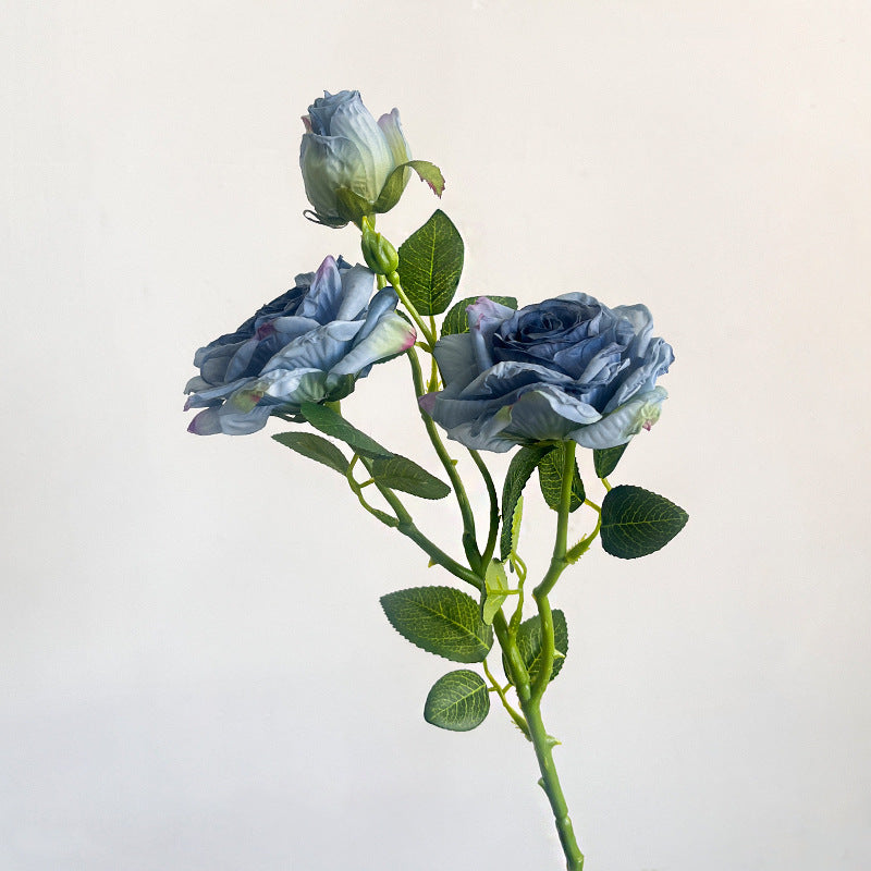 French simulation flower single branch 3 heads burnt edge rose retro, home living room decoration fake dried flower bouquet advanced sense