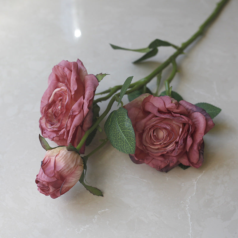 Simulation flower 5 heads burnt edge rose retro silk flower, home wedding decoration fake flower dried flower bouquet advanced layout