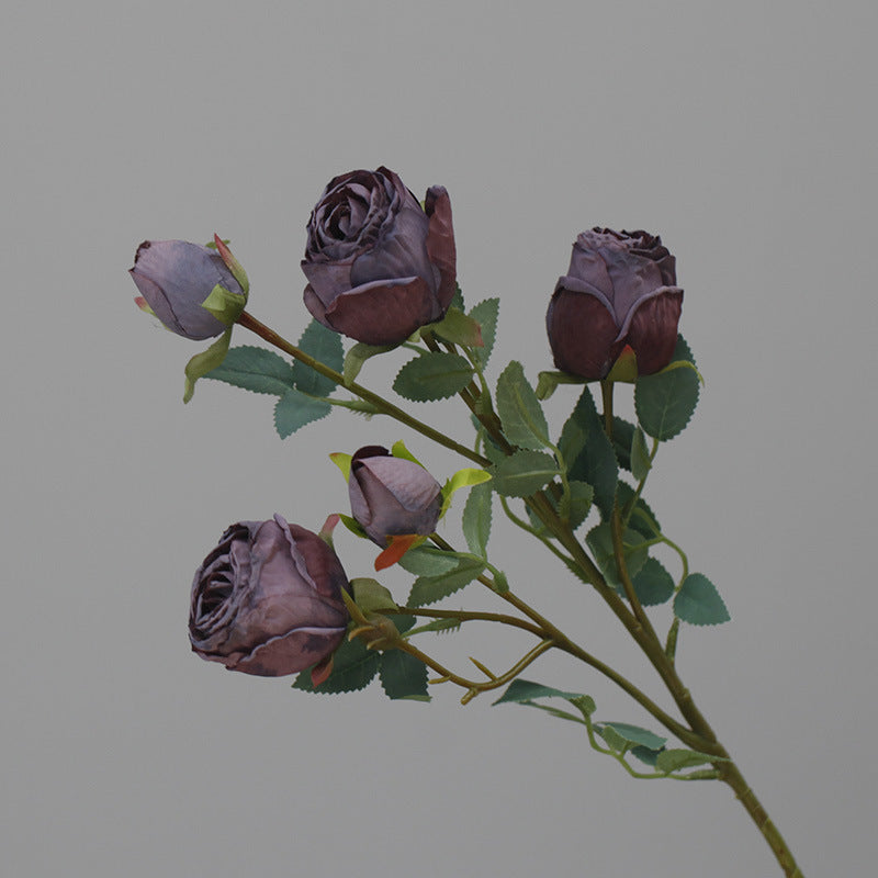 Simulation flower 5 heads burnt edge rose retro silk flower, home wedding decoration fake flower dried flower bouquet advanced layout