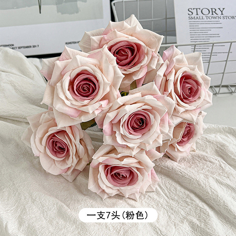 7-Head embossed cappuccino rose bouquet simulation flower, wedding car decoration fake dried flower bouquet high sense