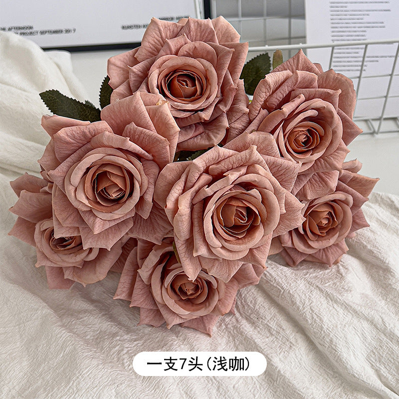 7-Head embossed cappuccino rose bouquet simulation flower, wedding car decoration fake dried flower bouquet high sense
