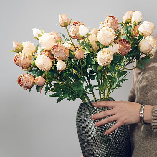 Simulation flower 5 heads burnt edge rose retro silk flower, home wedding decoration fake flower dried flower bouquet advanced layout