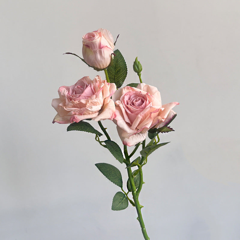 French simulation flower single branch 3 heads burnt edge rose retro, home living room decoration fake dried flower bouquet advanced sense
