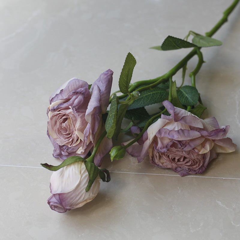 Simulation flower 5 heads burnt edge rose retro silk flower, home wedding decoration fake flower dried flower bouquet advanced layout