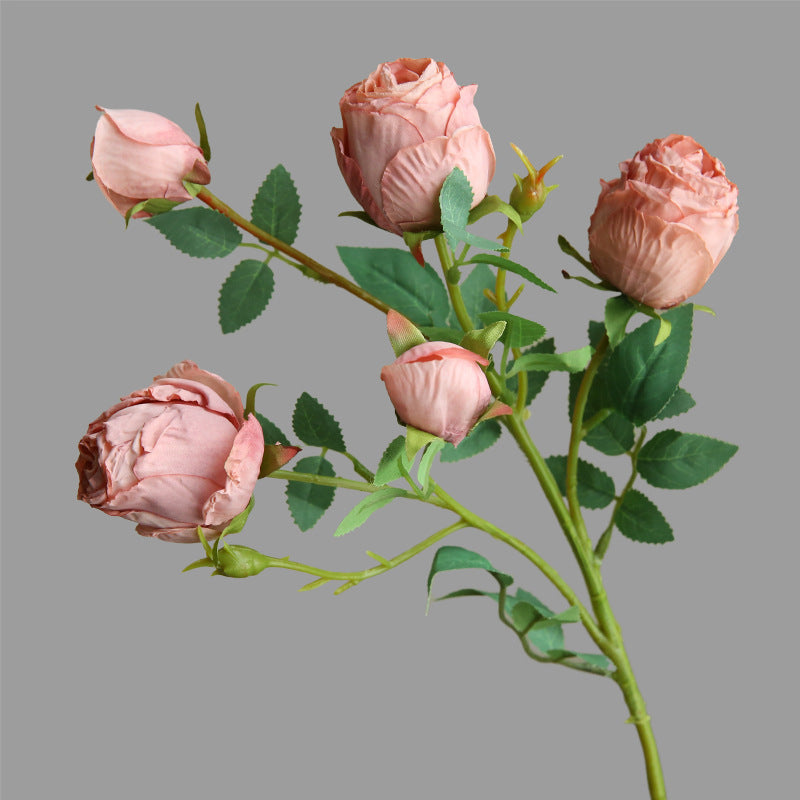 Simulation flower 5 heads burnt edge rose retro silk flower, home wedding decoration fake flower dried flower bouquet advanced layout
