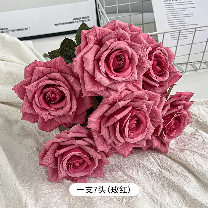 7-Head embossed cappuccino rose bouquet simulation flower, wedding car decoration fake dried flower bouquet high sense