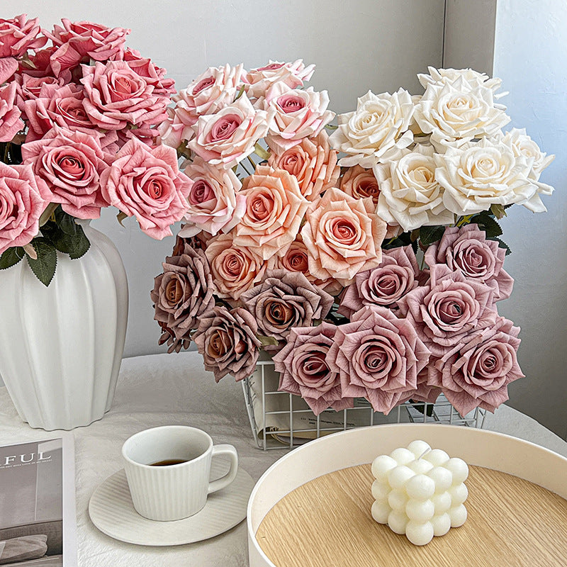 7-Head embossed cappuccino rose bouquet simulation flower, wedding car decoration fake dried flower bouquet high sense