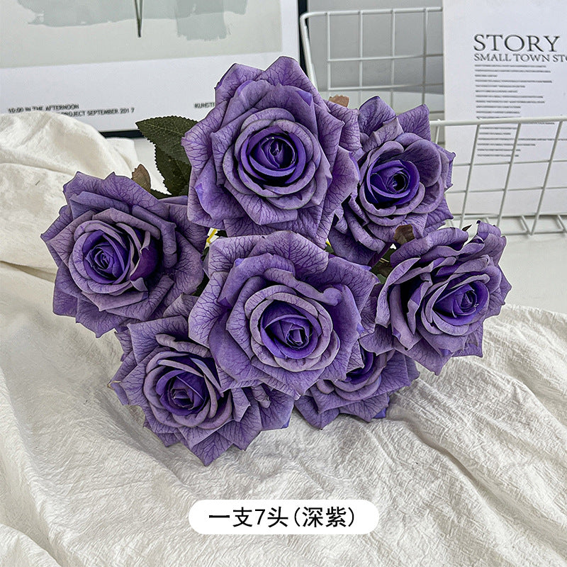 7-Head embossed cappuccino rose bouquet simulation flower, wedding car decoration fake dried flower bouquet high sense