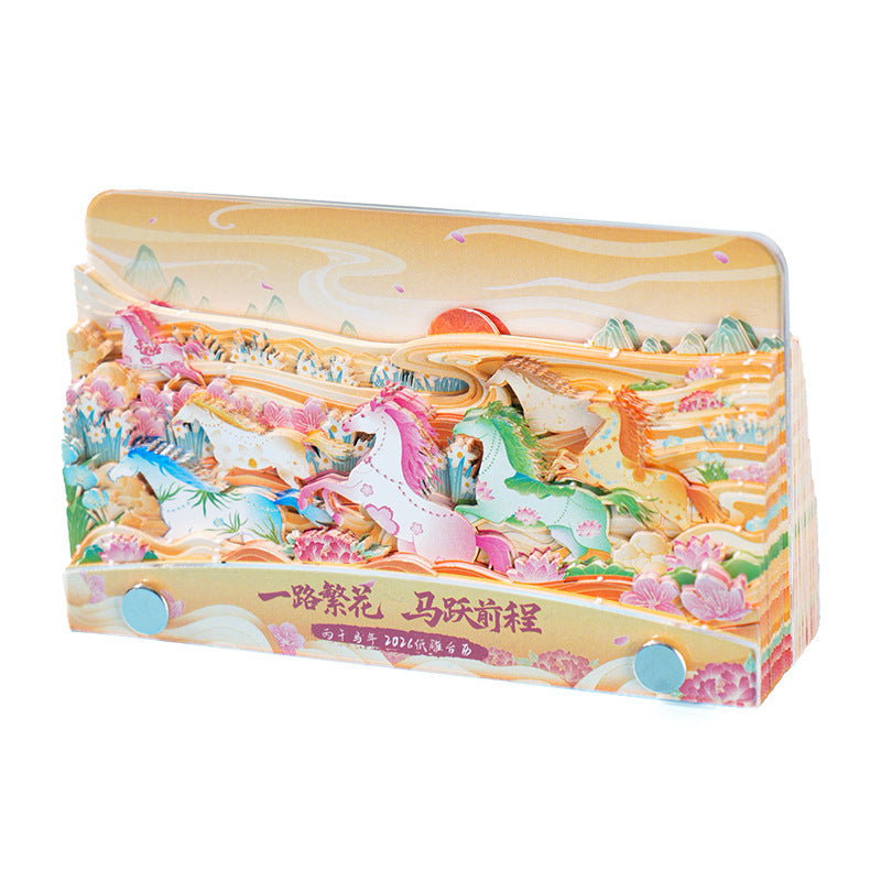 2026 Year of the Horse Calendar 3D paper carving calendar can be torn by hand National Tide high-value New Year's business gifts Flower Sea Pegasus