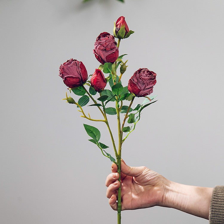 Simulation flower 5 heads burnt edge rose retro silk flower, home wedding decoration fake flower dried flower bouquet advanced layout