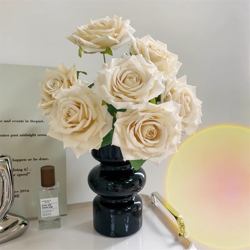 7-Head embossed cappuccino rose bouquet simulation flower, wedding car decoration fake dried flower bouquet high sense