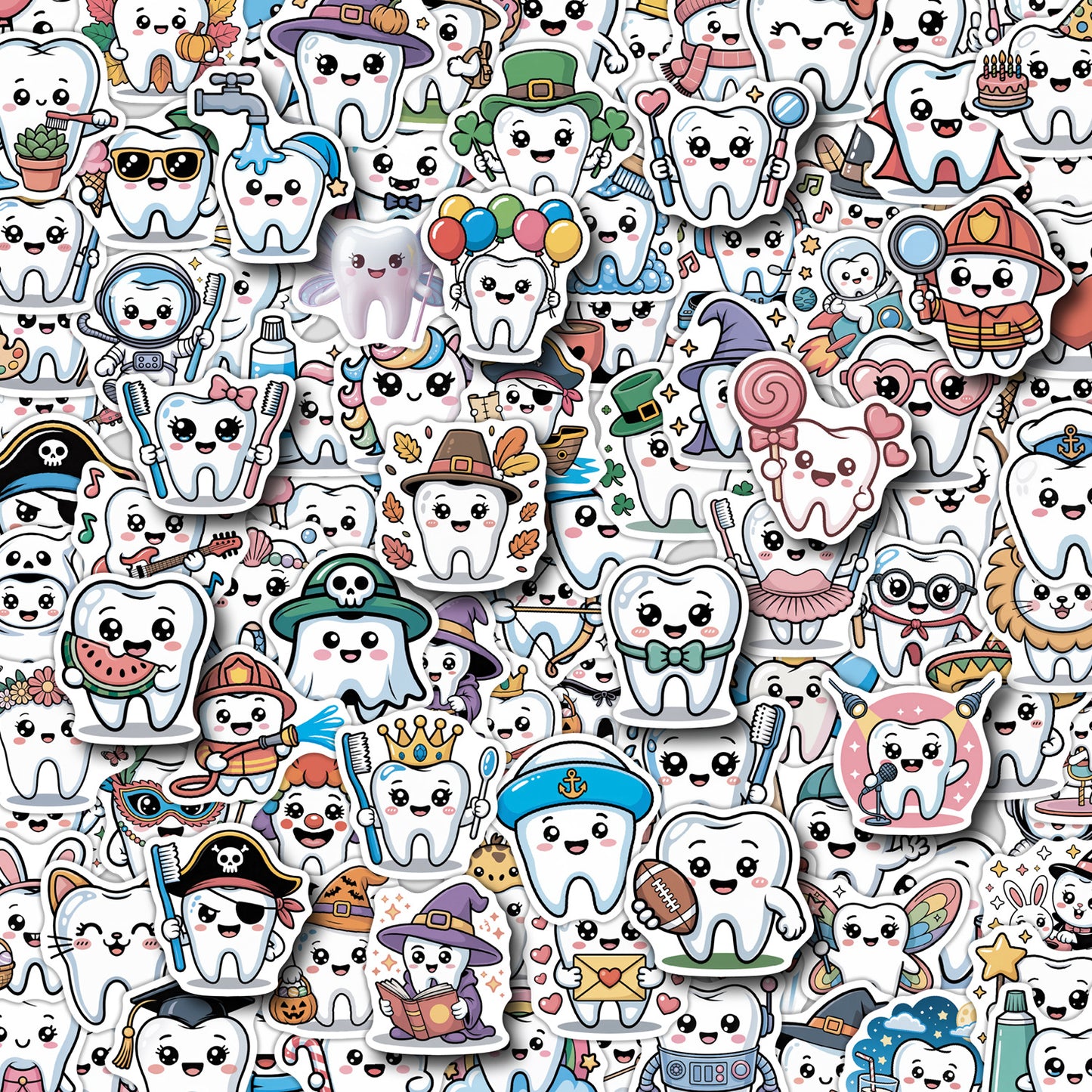 Cross-border 50/100 cute tooth graffiti stickers water cup computer waterproof decorative stickers cartoon tooth stickers