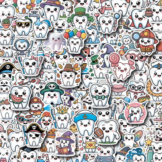 Cross-border 50/100 cute tooth graffiti stickers water cup computer waterproof decorative stickers cartoon tooth stickers