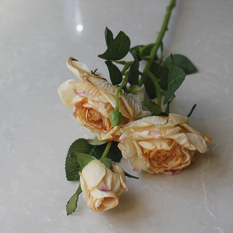 Simulation flower 5 heads burnt edge rose retro silk flower, home wedding decoration fake flower dried flower bouquet advanced layout