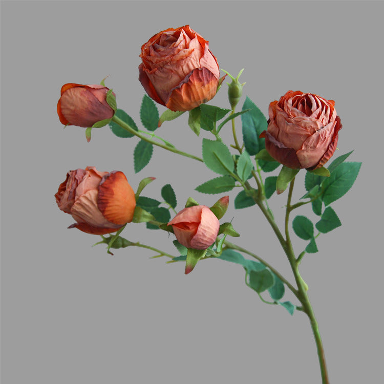 Simulation flower 5 heads burnt edge rose retro silk flower, home wedding decoration fake flower dried flower bouquet advanced layout