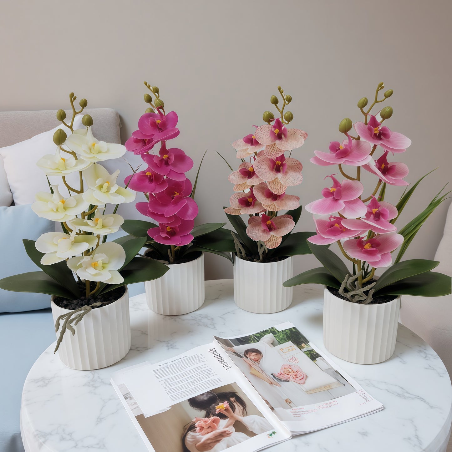 Simulated Phalaenopsis potted plants with seven flowers and four flowers, New Year's Eve flowers housewarming gifts, placed in the living room, light luxury home furnishing hotel