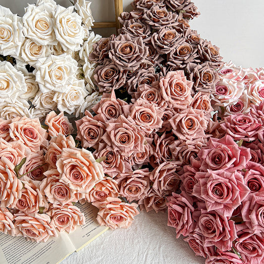 7-Head embossed cappuccino rose bouquet simulation flower, wedding car decoration fake dried flower bouquet high sense