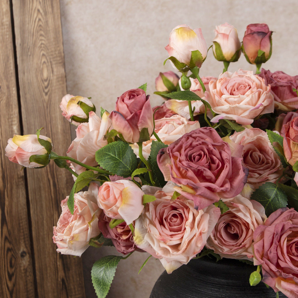 French simulation flower single branch 3 heads burnt edge rose retro, home living room decoration fake dried flower bouquet advanced sense