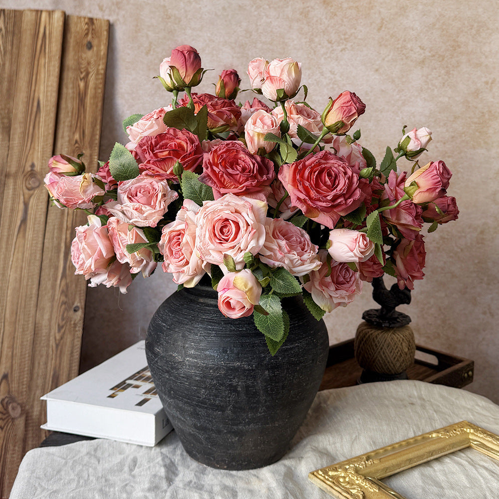French simulation flower single branch 3 heads burnt edge rose retro, home living room decoration fake dried flower bouquet advanced sense