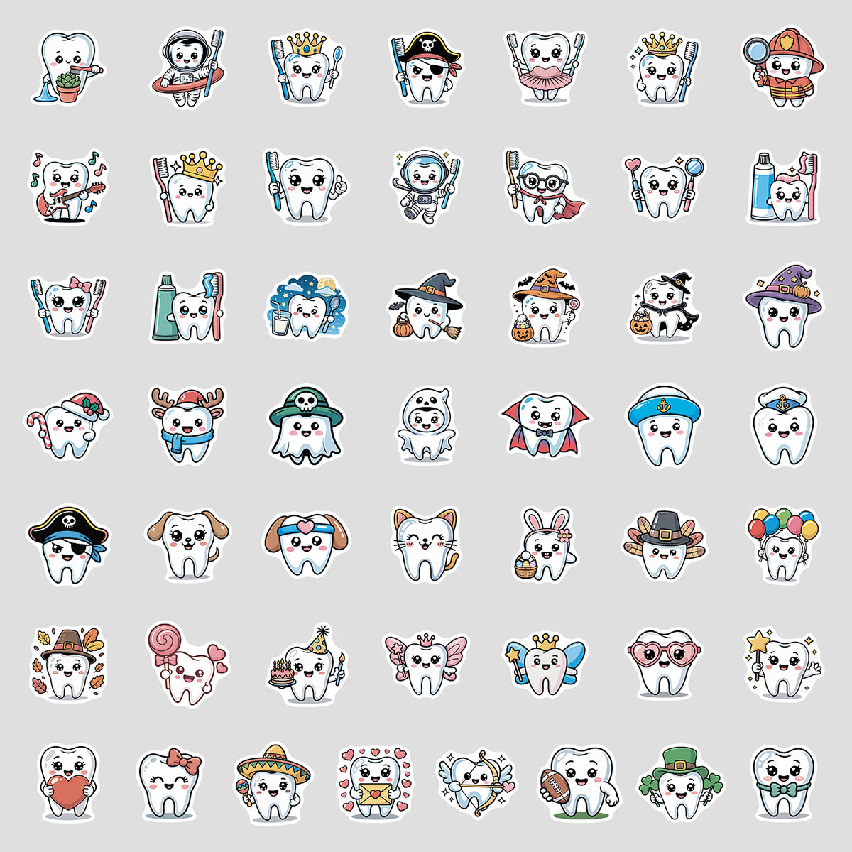 Cross-border 50/100 cute tooth graffiti stickers water cup computer waterproof decorative stickers cartoon tooth stickers
