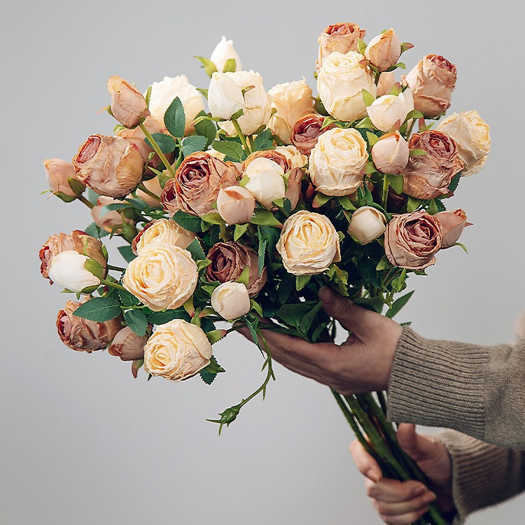 Simulation flower 5 heads burnt edge rose retro silk flower, home wedding decoration fake flower dried flower bouquet advanced layout
