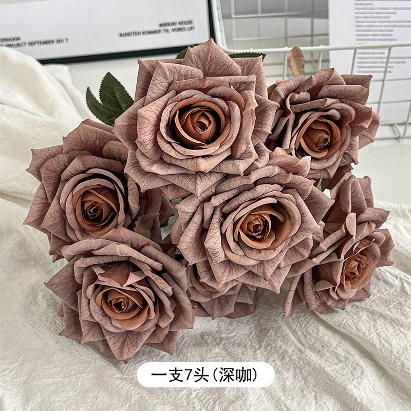 7-Head embossed cappuccino rose bouquet simulation flower, wedding car decoration fake dried flower bouquet high sense