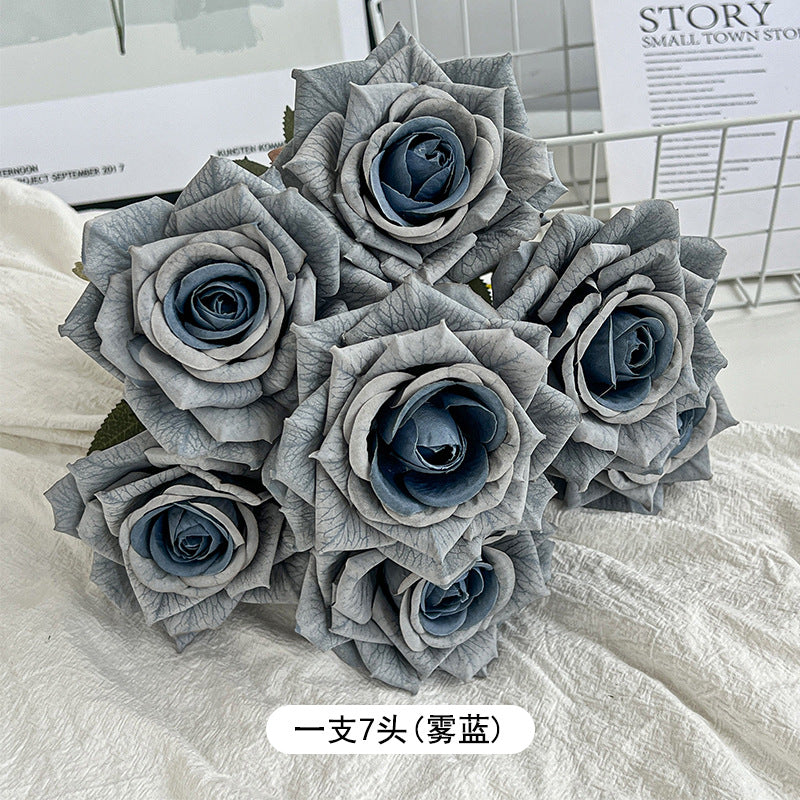 7-Head embossed cappuccino rose bouquet simulation flower, wedding car decoration fake dried flower bouquet high sense