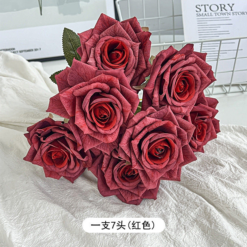 7-Head embossed cappuccino rose bouquet simulation flower, wedding car decoration fake dried flower bouquet high sense