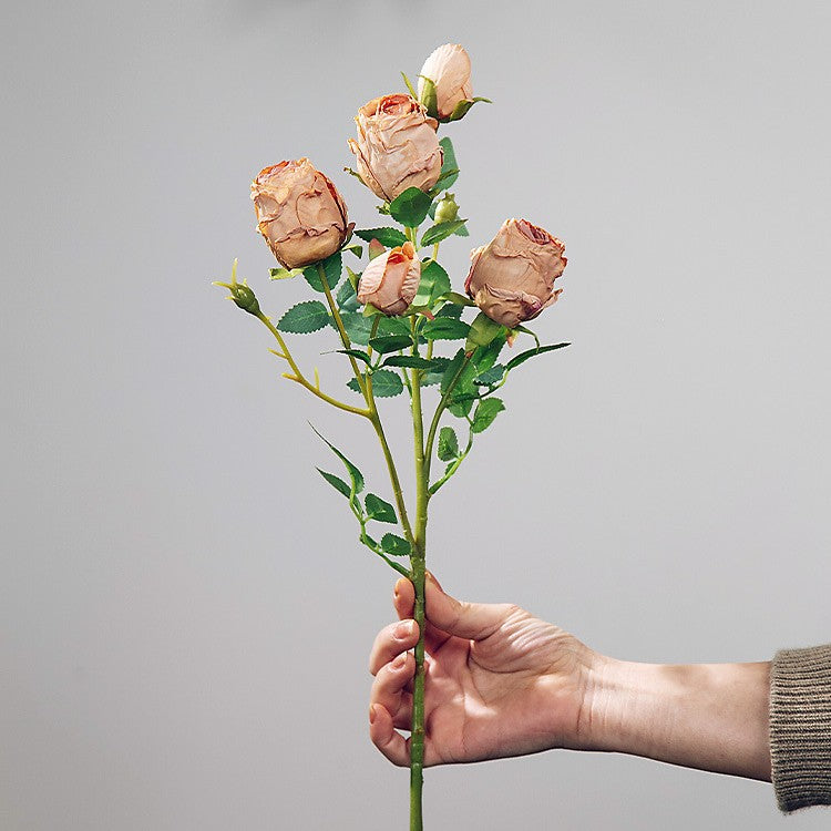 Simulation flower 5 heads burnt edge rose retro silk flower, home wedding decoration fake flower dried flower bouquet advanced layout