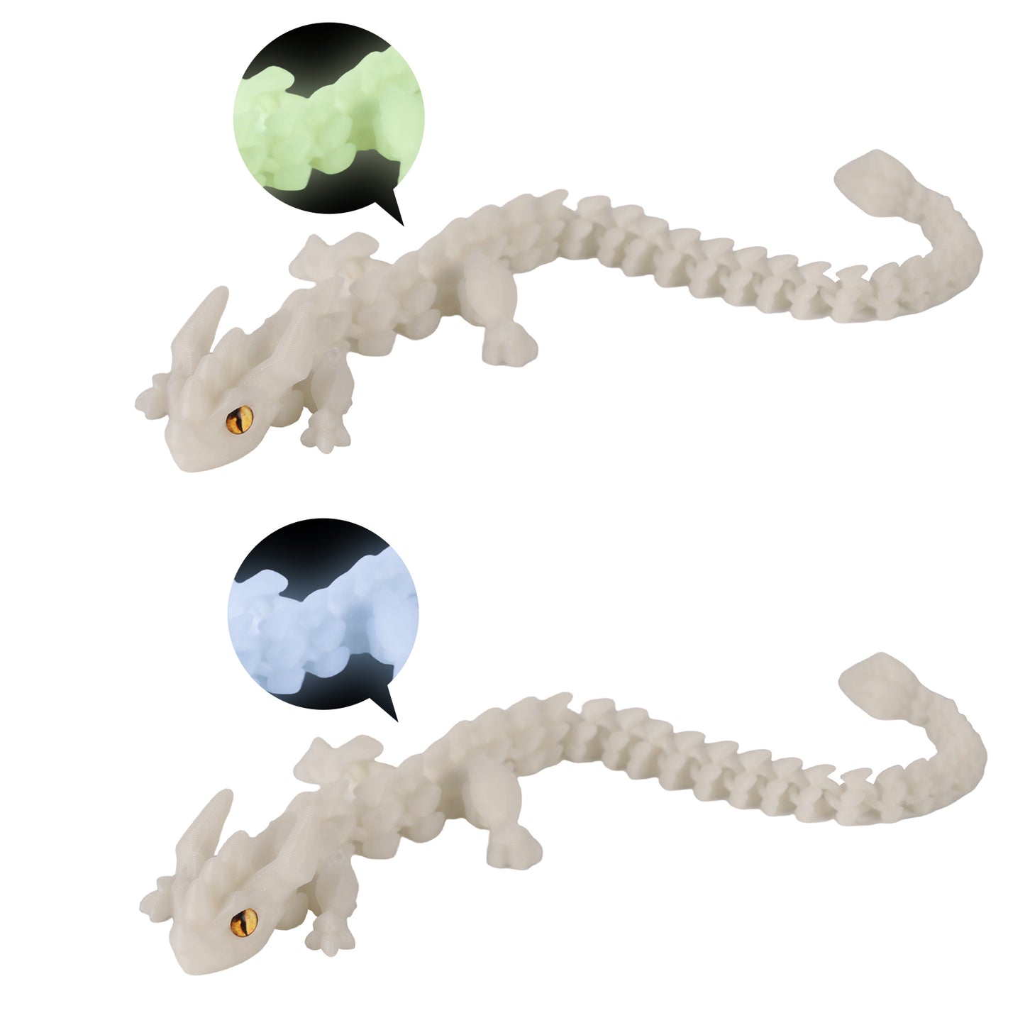 2Pcs 3D Printed Dragon Animal Toys,11.8" Glow in the Dark Dragon Articulated Flexible Fidget Toys,3D Printed White Dragon Animal Figure Toy for Home,Officec,Desk Decor